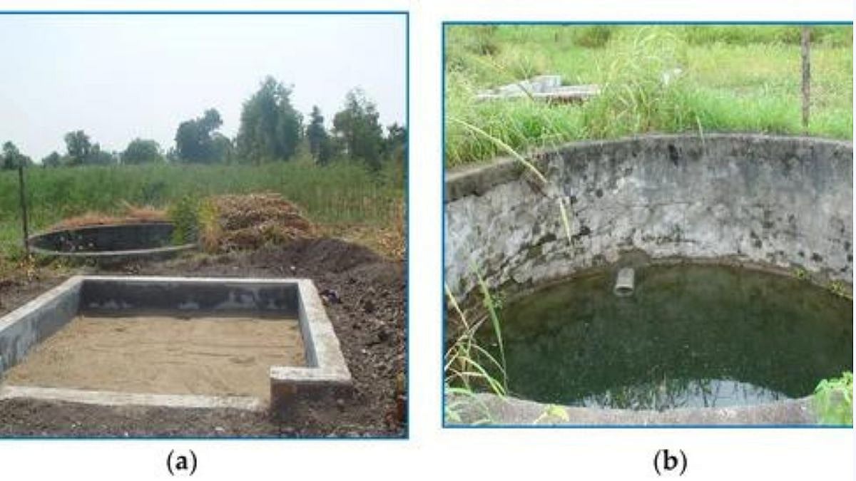 (a) Recharge filters attached with dug well, and (b) dug well at its full water storage capacity.
